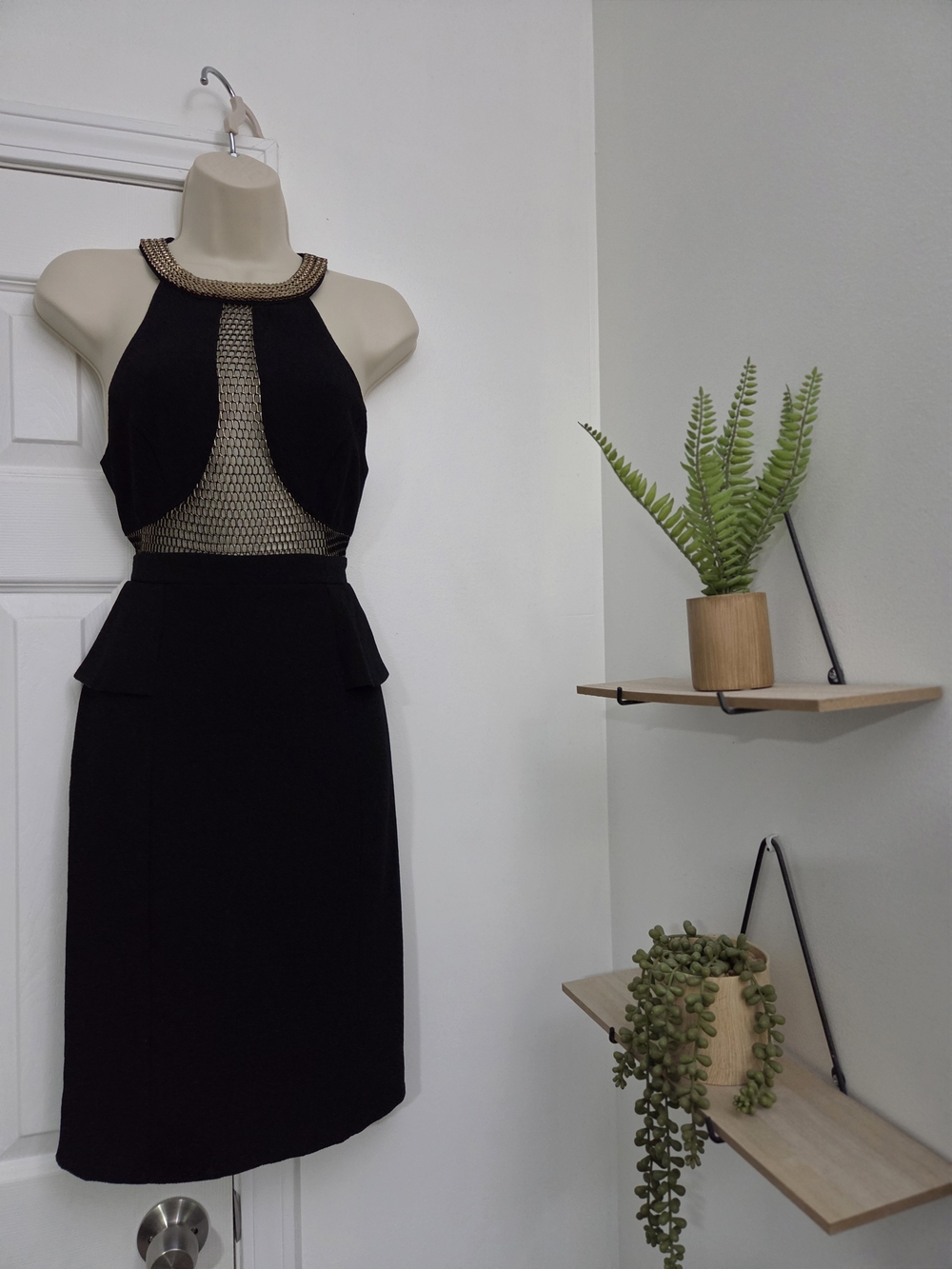 DO+BE Black Mesh Halter Sheath Dress with Gold Neckline